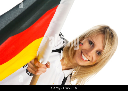 blonde Frauen Fußball-Fan mit deutscher Flagge, Deutschland Stockfoto