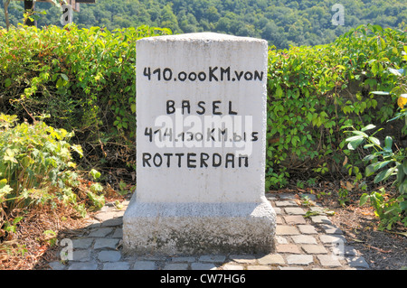 Myriametre Stein, alte Benchmark am Rheinufer in Spay, Deutschland, Rheinland-Pfalz Stockfoto