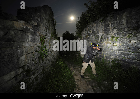 Fotograf in der Burgruine von Dvigrad bei Vollmond Suche Geckos, Kroatien, Dvigrad Stockfoto