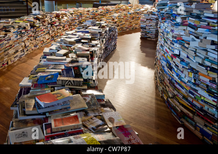 Erstellt von Marcos Saboya und Gualter Pupo, taucht aMAZEme das Publikum in einem Labyrinth von Büchern. Stockfoto