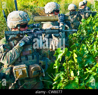 (Von links) PFC. Rodney Heater, Pfc. Kyle Peters und PFC. Justin Ford, Soldiers with 2nd Platoon, Apache Company, 1st Battalion, 23rd Infantry Regiment, Scan their sectors of Fire during a halt on a foot Patrol in Southern Afghanistan, Aug. 2, 2012. Stockfoto