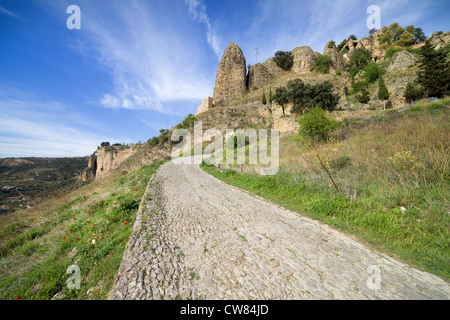 Ländliche gepflasterten Straße auf einem hügeligen Landschaft in der Nähe von Ronda in Andalusien im Süden von Spanien, in der Provinz Malaga. Stockfoto