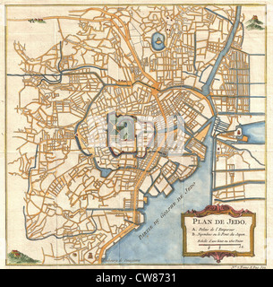 Der Schely Plan of Edo von 1752, heute Tokio, Japan, ist eine antike Karte, die einen Einblick in das städtische Layout und die Struktur der Stadt während der Edo-Zeit bietet. Diese Karte ist eine wichtige Ressource für das Verständnis der historischen Entwicklung Tokios. Stockfoto
