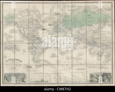 Die Vuillemin Case Map of the World on Mercator's Projection von 1857 ist eine historische Karte, die die Mercator-Projektion verwendet, um die Kontinente und Ozeane der Welt darzustellen. Es liefert eine Momentaufnahme der globalen Geographie Mitte des 19. Jahrhunderts, wobei der Schwerpunkt auf politischen Grenzen und physischen Merkmalen liegt. Stockfoto