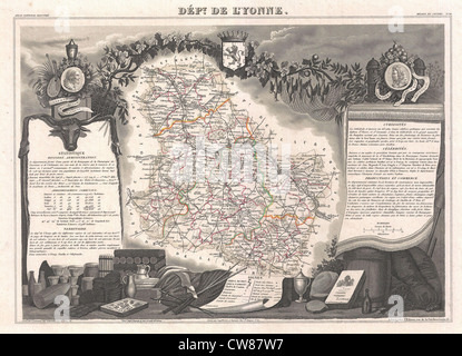 1852 Levasseur Karte von der Abteilung De Yonne (Burgund oder Bourgogne Weinregion) Stockfoto