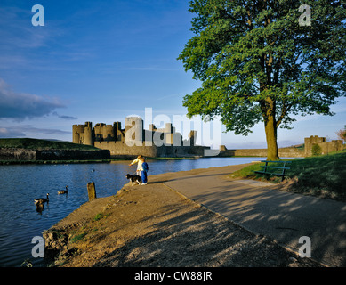 Caerphilly Castle, Caerphilly ist ein Wasserschloss mit einem schiefen Turm. Es ist die zweitgrößte Burg in Europa. Stockfoto