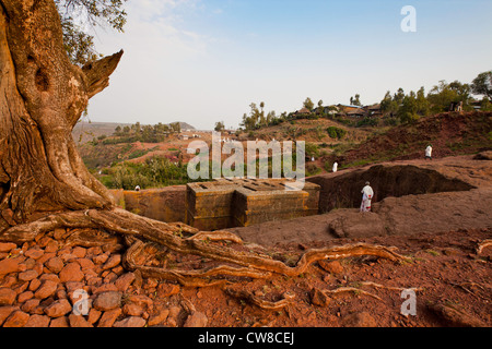 Bet Giyorgis Fels gehauene Kirche im Morgengrauen Lalibela Äthiopien. Stockfoto