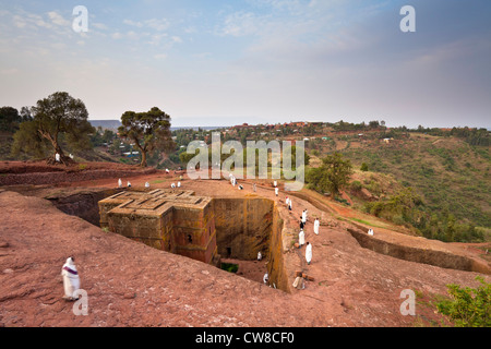 Bet Giyorgis Fels gehauene Kirche im Morgengrauen Lalibela Äthiopien. Stockfoto