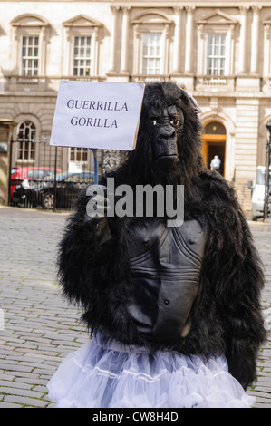 Person in einem Gorilla Kostüm hält ein Schild mit der Aufschrift "Guerilla-Gorilla" Stockfoto