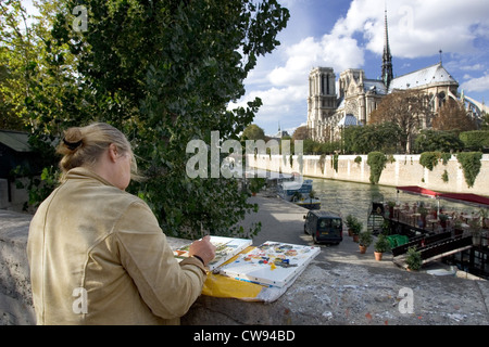 Paris, malt Künstler die Kirche von Notre Dame Stockfoto
