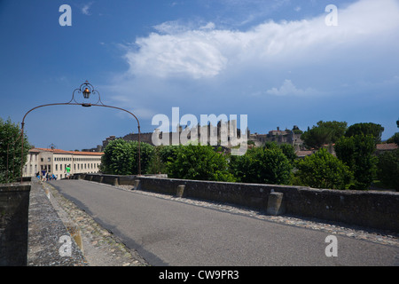 Ein Blick auf die mittelalterlichen Mauern umgebene Stadt Carcassonne von der alten Brücke Stockfoto