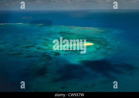 Luftbild von Upolu Cay und Korallenriff und Muschel Betten im Korallenmeer am Great Barrier Reef vor der Küste von Queensland Australien Stockfoto