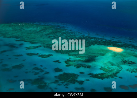 Luftbild von Upolu Cay und Korallenriff und Muschel Betten im Korallenmeer am Great Barrier Reef vor der Küste von Queensland Australien Stockfoto