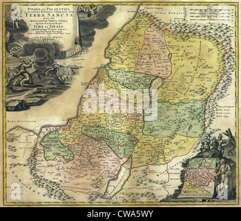 1748-Karte von Palästina zeigt Land Divisionen basierend auf die zwölf Stämme Israels.  Kartusche oben rechts zeigt Moses Stockfoto