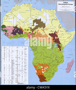 Karte zeigt Ethnologie und Sprachgruppen Afrikas, die im Widerspruch zu nationaler Grenzen, basierend auf europäischen Kolonisation. Stockfoto