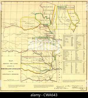 1836-Karte mit den indischen Territorien (heute Oklahoma) zugewiesen Vertriebenen östlichen Indianer Stämme; Cherokee, Bäche, Stockfoto