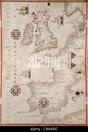 1590 nautische Karte von Wesern Europa, Detaillierung, Küste von Spanien, Portugal, Frankreich, England, Flandern und Skandinavien. Stockfoto