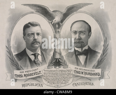 Wahlplakat der 1904 republikanischen Kandidaten für das Präsidentenamt. Theodore Roosevelt und Charles W. Fairbanks für Schraubstock Stockfoto