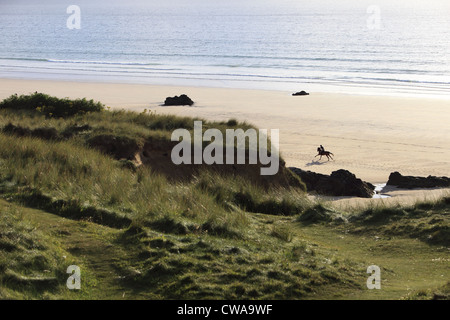 Ein Reiter genießt einen ruhigen Strand bei Ebbe am Strand von Gwithian nach einem Sturm, St. Ives Bay, Cornwall, England, UK Stockfoto