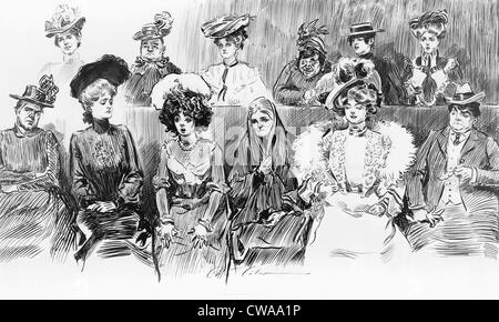 1902-Zeichnung von Charles Dana Gibson (1867 – 1944), "Studien im Ausdruck. Wenn Frauen Juroren, "zeigt Frauen Jury verschiedener Stockfoto