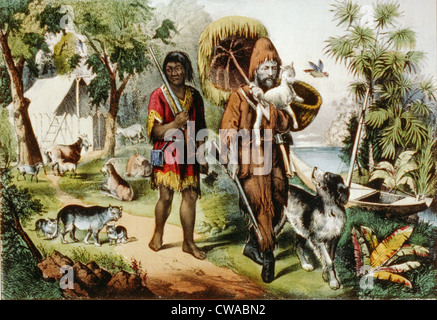 Robinson Crusoe Defoes klassische Charaktere und seinen Gefährten Freitag mit ihren Tieren auf einer einsamen Insel. Stockfoto