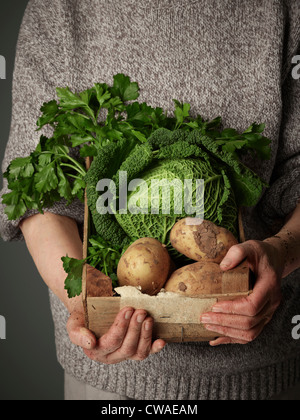 Frau, die hölzerne Kiste mit Gemüse Stockfoto