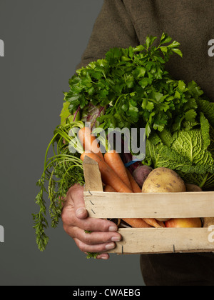 Mann hält hölzerne Kiste mit Gemüse Stockfoto