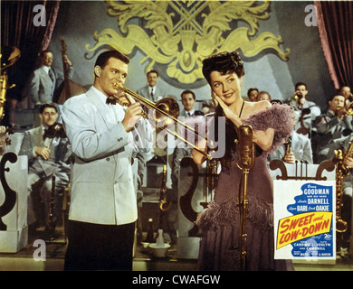 Lobby-Card für süß und LOW-DOWN, zeigt Sterne Benny Goodman (1909 – 1986), spielt Posaune und Linda Darnell (1921 – 1956), auf Stockfoto