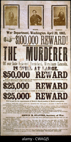 Plakat für die Mörder von Abraham Lincoln mit einem $100.000 Award wollte.  Plakat zeigt Bilder von John Wilkes Booth, Stockfoto