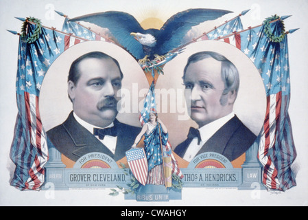 1884 demokratischen Wahlplakat mit Porträts von Grover Cleveland und Thomas A. Hendricks. Stockfoto