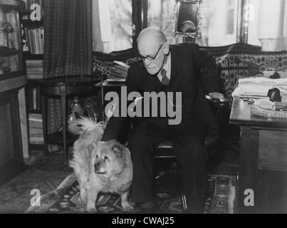 (1856-1939), sitzt in seinem Arbeitszimmer mit seinem Hund in 1937 Fotografie Prinzessin Marie Bonaparte, dem französischen Institut für Psychoanalyse im Jahr 1926 gegründet Stockfotografie - Alamy