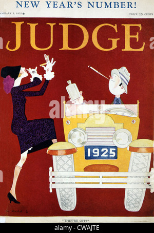 1925 Neujahrs Cover des Richter-Magazins verkörpert die Roaring Twenties.  Männer und Frauen Reisen in Autos ohne Chaperone, Stockfoto