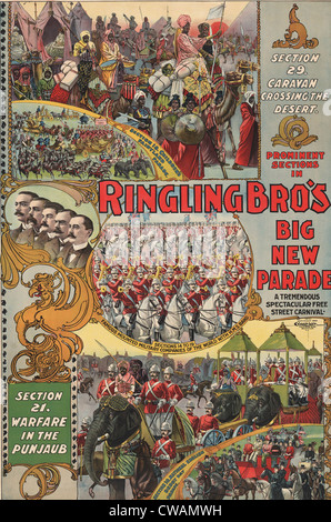 Plakat Ringling Brothers Zirkus zeigt fünf separate Paraden erinnert an fremde, militärische Abenteuer, racing, Englisch und Stockfoto