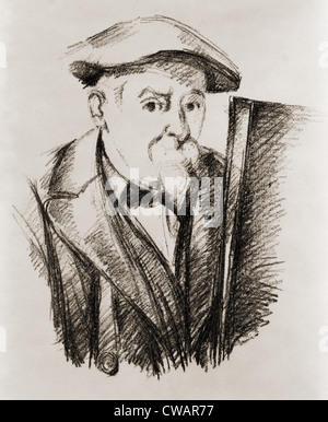 Paul Cézanne (1839-1906), französische Post-Impressionist Maler, ein Selbstporträt an seiner Staffelei. Ca. 1900. Stockfoto