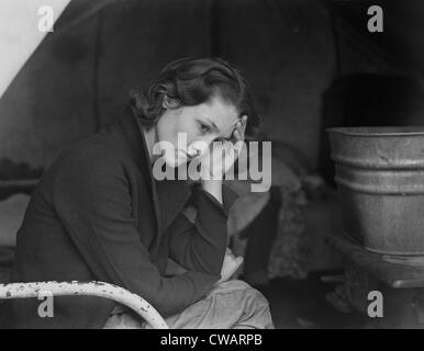 Traurige Tochter des Arbeitslosen Tennessee Bergarbeiter in Kalifornien Wanderarbeiter in der Nähe von Sacramento, Kalifornien, während Camp der Stockfoto