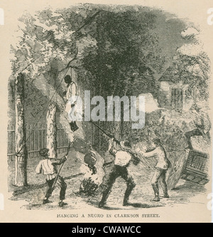 Ein Afroamerikaner war angegriffen von einem Mob von 400 und dann an einem Baum aufgehängt und angezündet auf Clark Street in New York Stockfoto