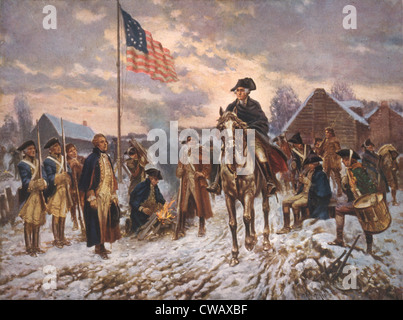 Die amerikanische Revolution, George Washington in Valley Forge, Präsident George Washington auf dem Rücken der Pferde im Schnee in Valley Forge, Stockfoto