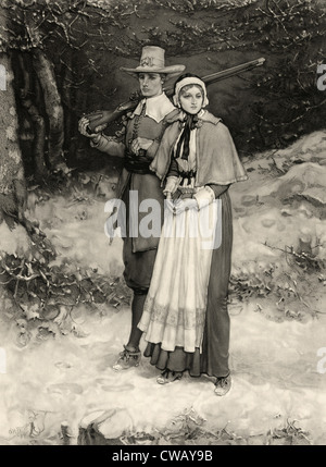 Thanksgiving, print zeigt puritanischen Mann und Frau zu Fuß durch den Schnee auf dem Weg zur Kirche, er trägt eine Waffe, sie ein Stockfoto