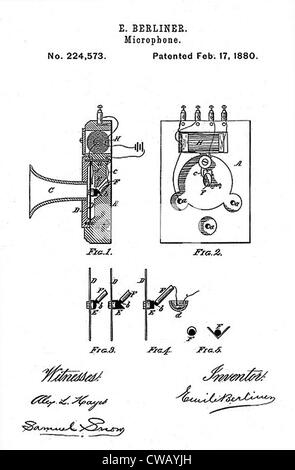 Frühe Aufnahmegerät: The Berliner Mikrofon patent, 1880. Stockfoto