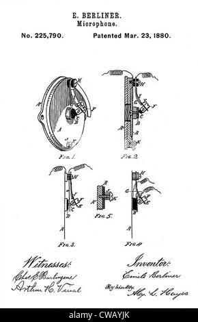 Frühe Aufnahmegerät: The Berliner Mikrofon patent, 1880. Stockfoto
