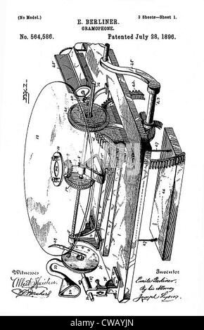 Frühe Aufnahme-Gerät: der Berliner Gramophone Detail patent, 1896. Stockfoto