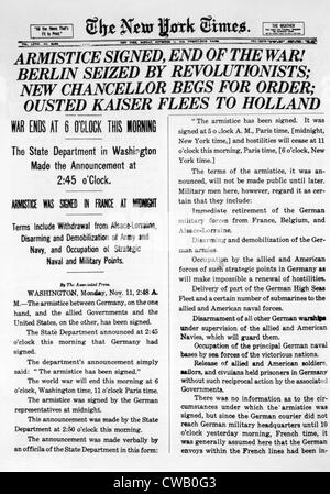 Ersten Weltkrieg, die Unterzeichnung des Waffenstillstandes, wie in der New York Times, 11. November 1918 berichtet Stockfoto