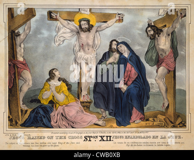 Jesus Christus, Jesus am Kreuz erhöht, Mary (zweiter von rechts), trauert unten, James S. Baillie, Lithographie, ca. 1846. Stockfoto