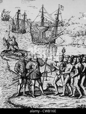 Christopher Columbus landet auf Hispaniola 1492, Gravur von Herrera, "Historia General De Los Hechos De Los Stockfoto