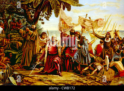 Christopher Columbus Landung auf der Insel Guanahane (San Salvador) am 12. Oktober 1492, Farblitho aus Gemälde von Stockfoto