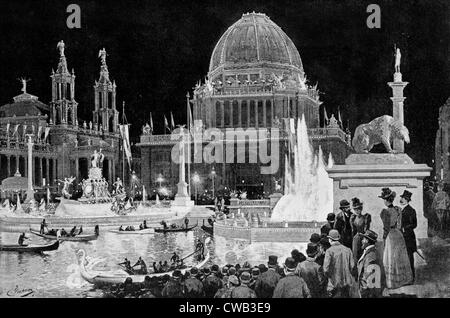 Columbian Exposition--das große Gericht in der Nacht--elektrische Beleuchtung des MacMonniess Brunnens und der Verwaltung Stockfoto