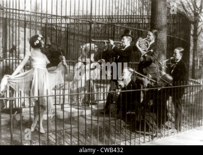 Jazz für die Bären, fünf Männer spielen Musikinstrumente und eine Frau tanzen vor Bären im Käfig im National Zoo, Stockfoto