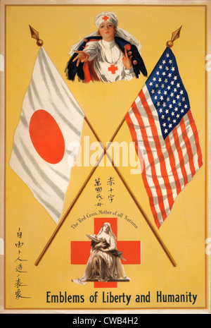 Weltkrieg, Plakat mit zwei roten Kreuz Krankenschwestern, ein vorsichtig in ihr Arme Kind auf einen Wurf zwischen den Flaggen von Japan und Stockfoto