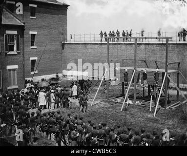 Die Ermordung von Präsident Abraham Lincoln, hängen mit Kapuze Körper der vier Verschwörer, (Mary E. Surratt, Lewis Payne, Stockfoto