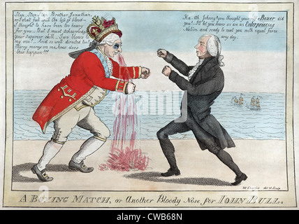 James Madison, "ein Boxkampf, oder eine weitere blutige Nase für John Bull", politische Karikatur ca. Krieg von 1812, ca. 1813 Stockfoto